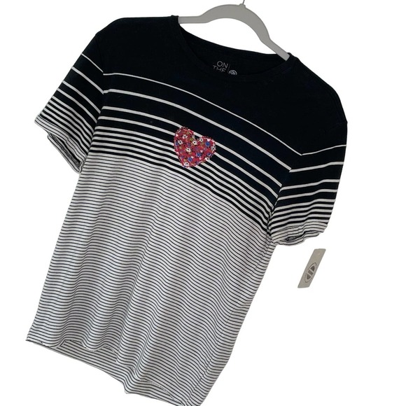 Madam P Upcycled Short Sleeve Striped T-shirt w  vintage heart S - Picture 1 of 8